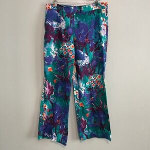 Etro Milano Floral Linen Trouser Mens 48 Teal Blue Purple Wide Leg Made in Italy